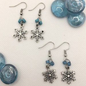 Silver & Blue Beaded Snowflake Dangle Earrings